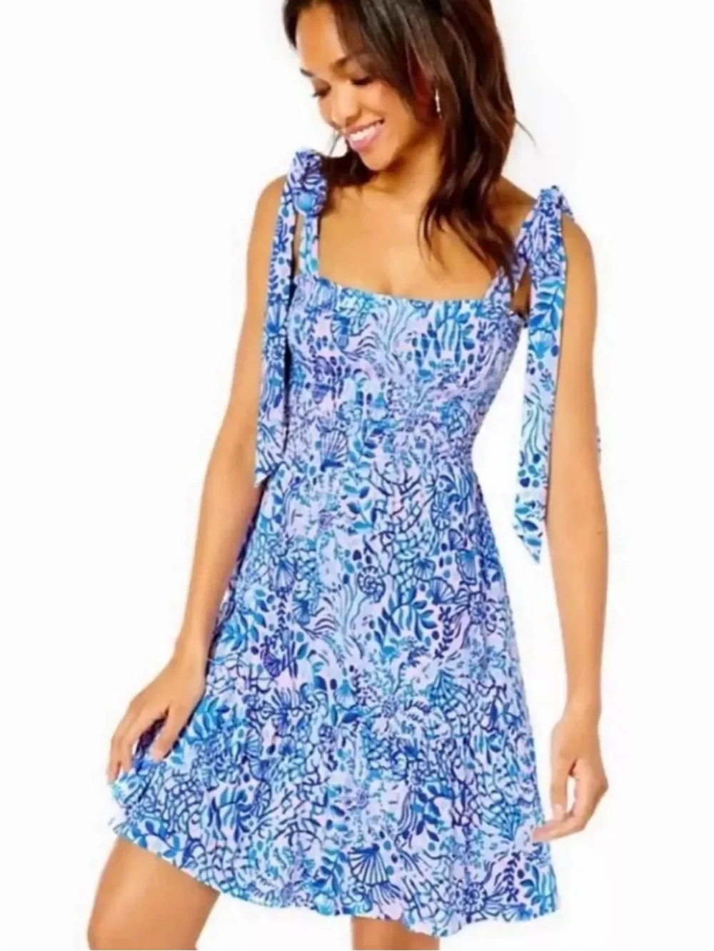 Lilly Pulitzer Kailua Smocked Dress High Tides Good Vibes Bow Strap Size Medium - Picture 5 of 14